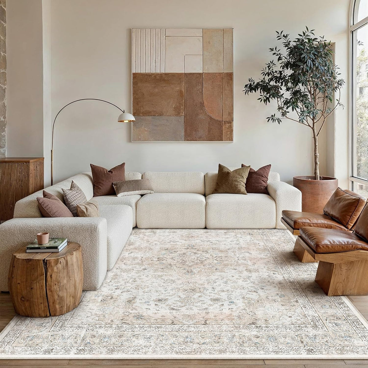 8x10 Washable Vintage Area Rug for Living Room Bedroom Beige Grey Soft Tranditional Non Slip Large Throw Rug Lightweight Floral Low Pile Distressed Carpet Office Playroom Dining Room