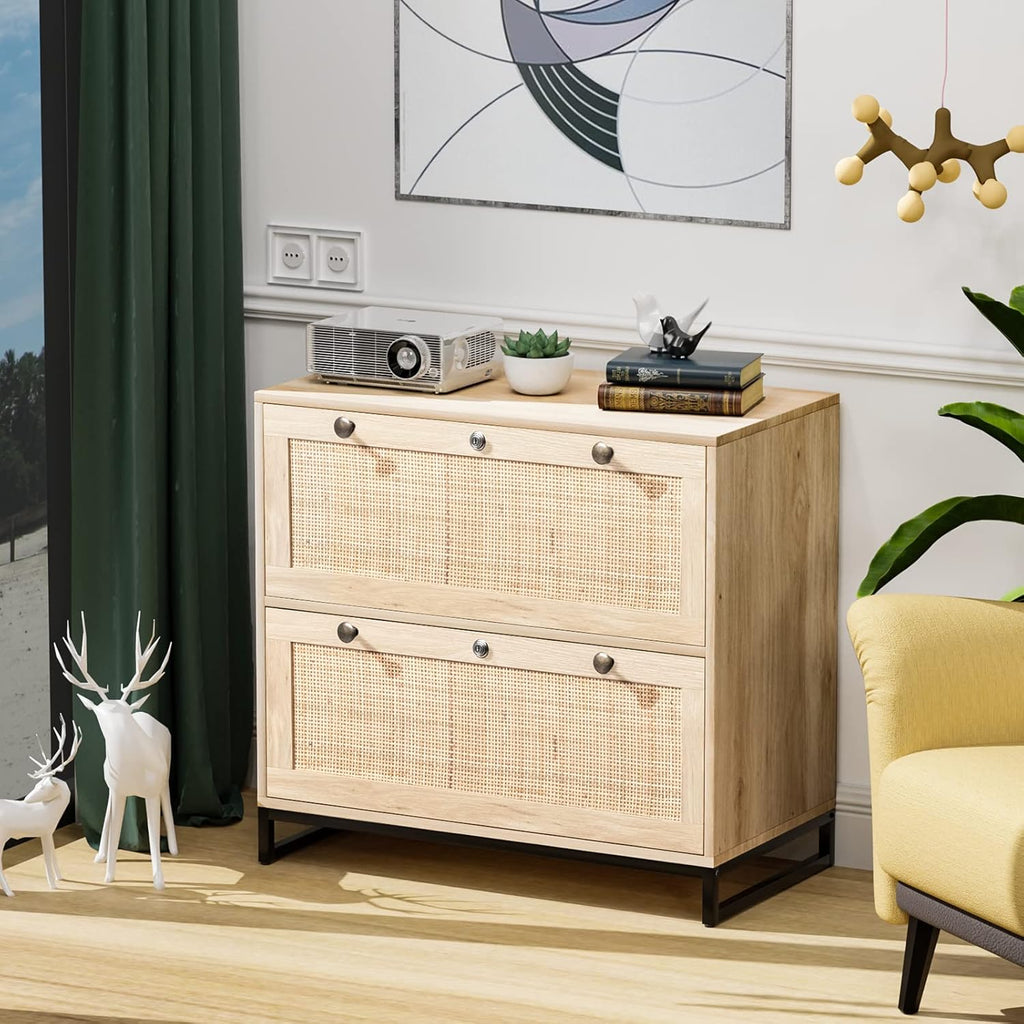 VINGLI Wood Rattan 2-Drawer Lateral File Cabinet with Lock for Home Office, Lockable Filing Cabinet with Rustic Metal Handles for Hanging Letter/A4/Legal Size Labeled Folders, Oak, 30W x 16D x 28H