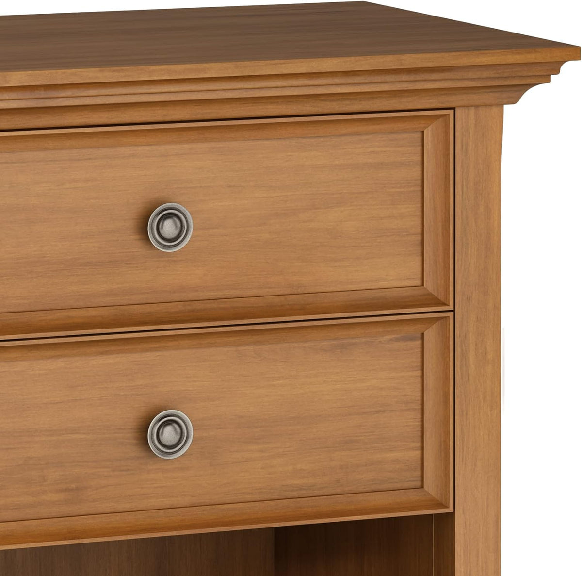 SIMPLIHOME Amherst Bedside Table - 24 inch Wide Solid Wood Nightstand in Light Golden Brown, Transitional Bedroom Side or End Table with 2 Drawers, Open Storage Shelf and Bronze Hardware