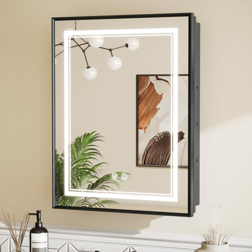 TETOTE Black Led Bathroom Medicine Cabinet with Mirror 20 x 26 Recessed or Surface Mount Metal Framed Lighted Medicine Cabinet, Tempered Glass, 3 Color Dimming, Anti-Fog, 2 Outlets, Adjustable Shelf