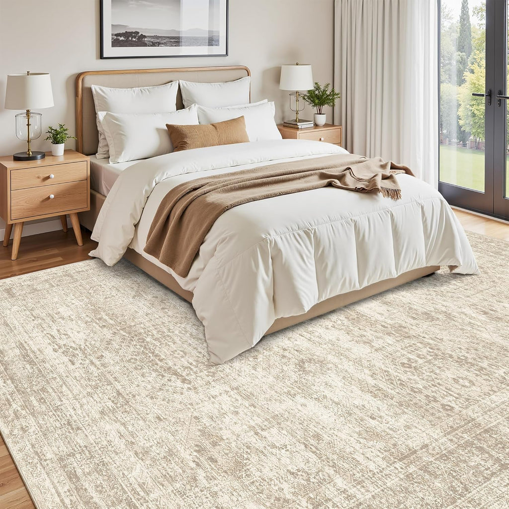 Soalmost 9x12 Area Rugs for Living Room, Non Slip Machine Washable Vintage Rugs, Low Pile Lightweight Large Rug for Bedroom, Dining Room, Home Office Beige