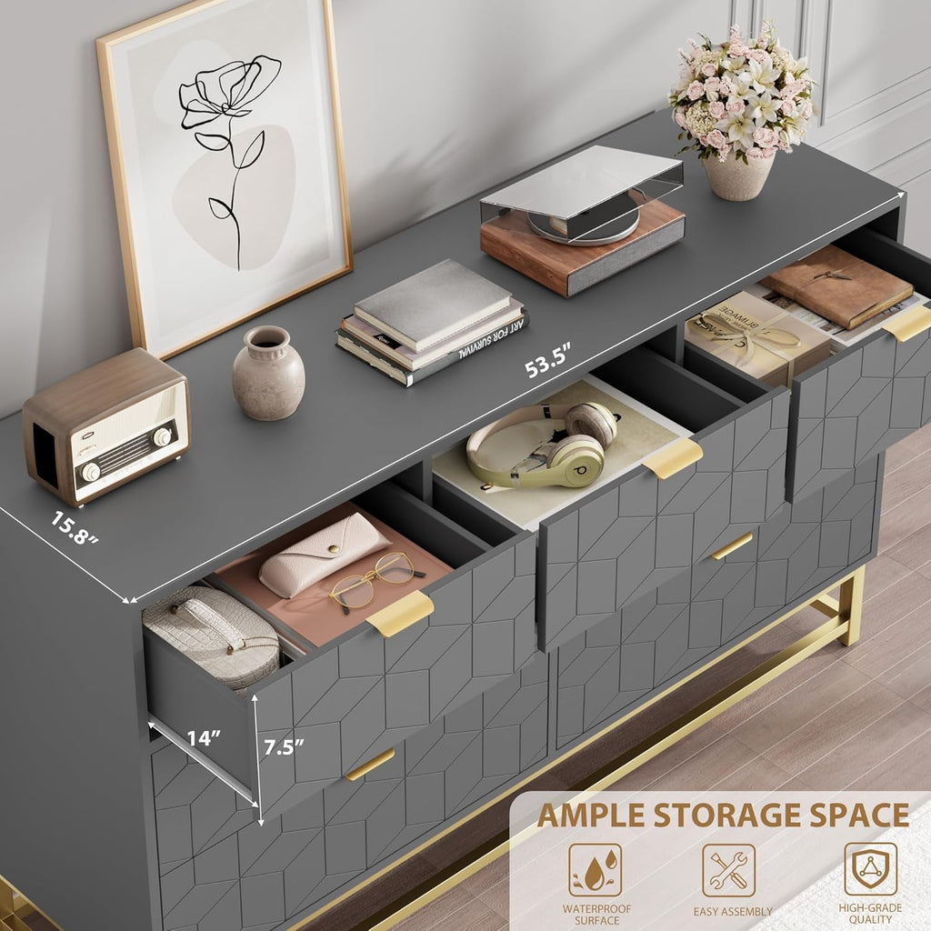 IDEALHOUSE Grey 7 Drawer Dresser for Bedroom, 53.5” Large Dresser with Metal Legs, Modern Chest Organizer with Wide Storage, Chest of Drawers for Bedroom, Living Room, Entryway