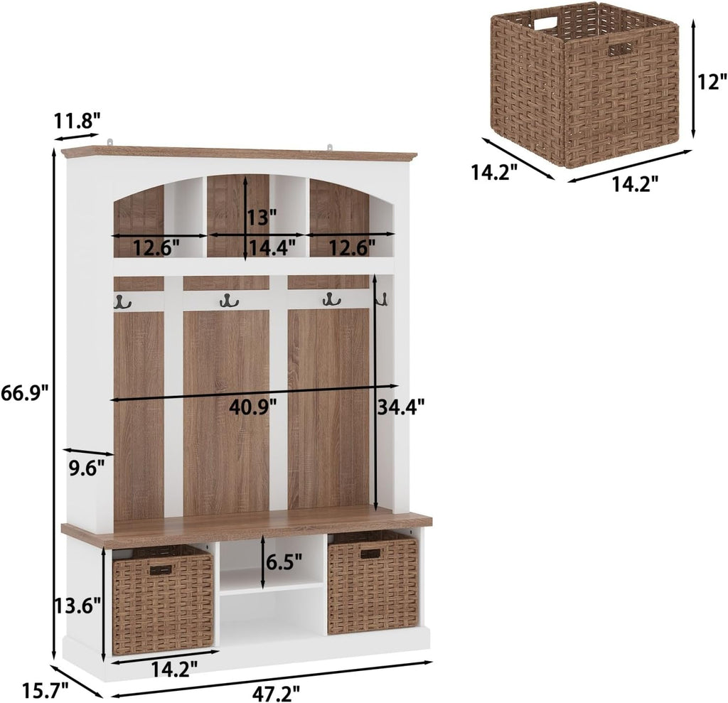 FUFU&GAGA Hall Tree with Bench and Shoe Storage, Entryway Bench with 5 Hooks, Farmhouse Arch Coat Rack with 2 Basket Drawers, Shelves for Mudroom Hallway, White & Brown, 47.2”W x 15.7”D x 66.9”H
