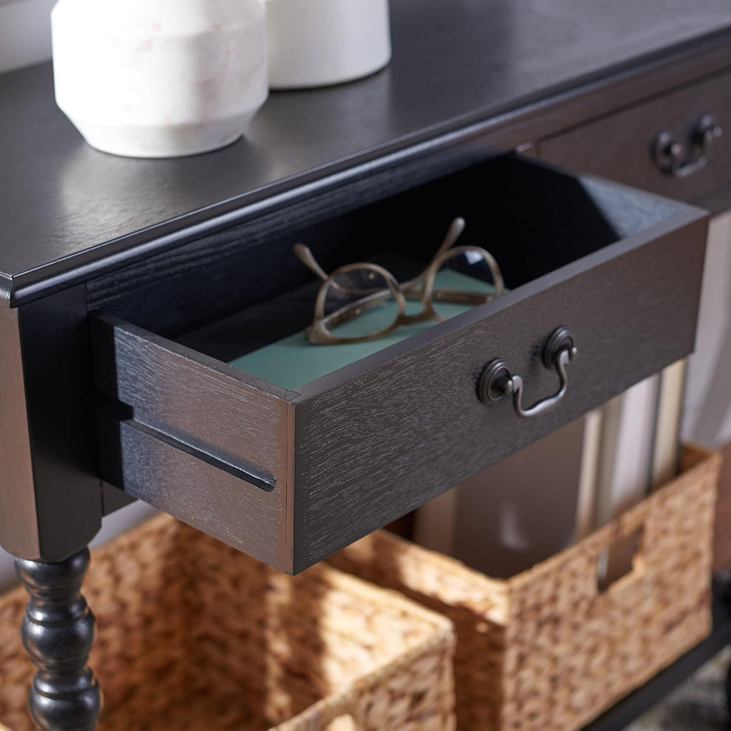 SAFAVIEH Furniture - Athena 2-Drawer Console Table - Black - Solid Wood - Farmhouse Classic Design - Ideal for Entryway, Living Room, Hallway, 35.5" W x 13" D x 29.5" H (CNS5702B)