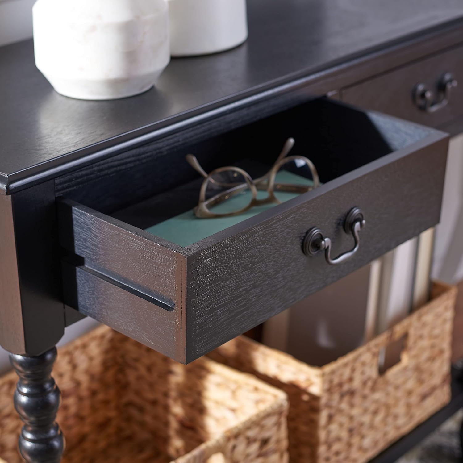 SAFAVIEH Furniture - Athena 2-Drawer Console Table - Black - Solid Wood - Farmhouse Classic Design - Ideal for Entryway, Living Room, Hallway, 35.5" W x 13" D x 29.5" H (CNS5702B)