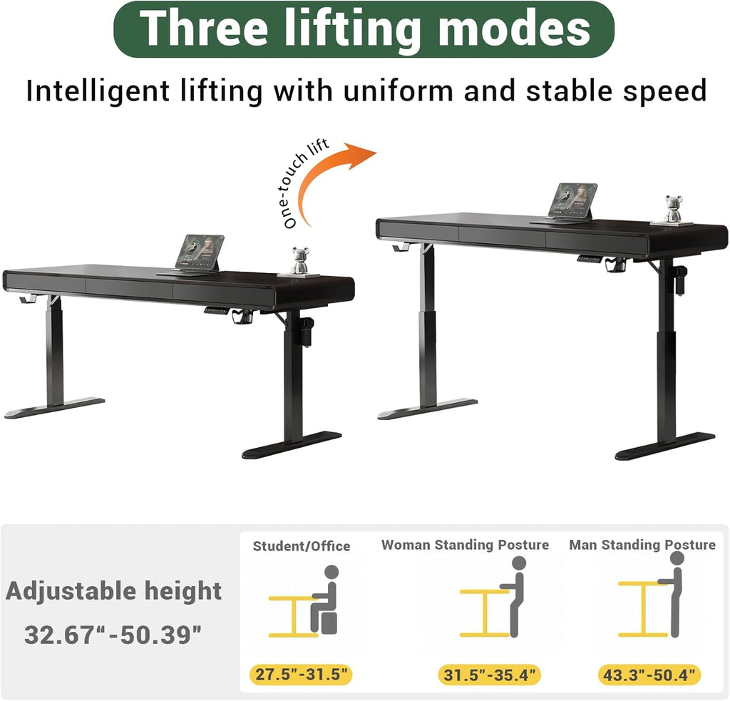 63" Height Adjustable Electric Standing Desk with Charging Station, 3 Drawers Computer Desk with Storage, 3 Memory Preset, High Weight Capacity Office Table, Wide Ergonomic Sit Stand Desk for Office