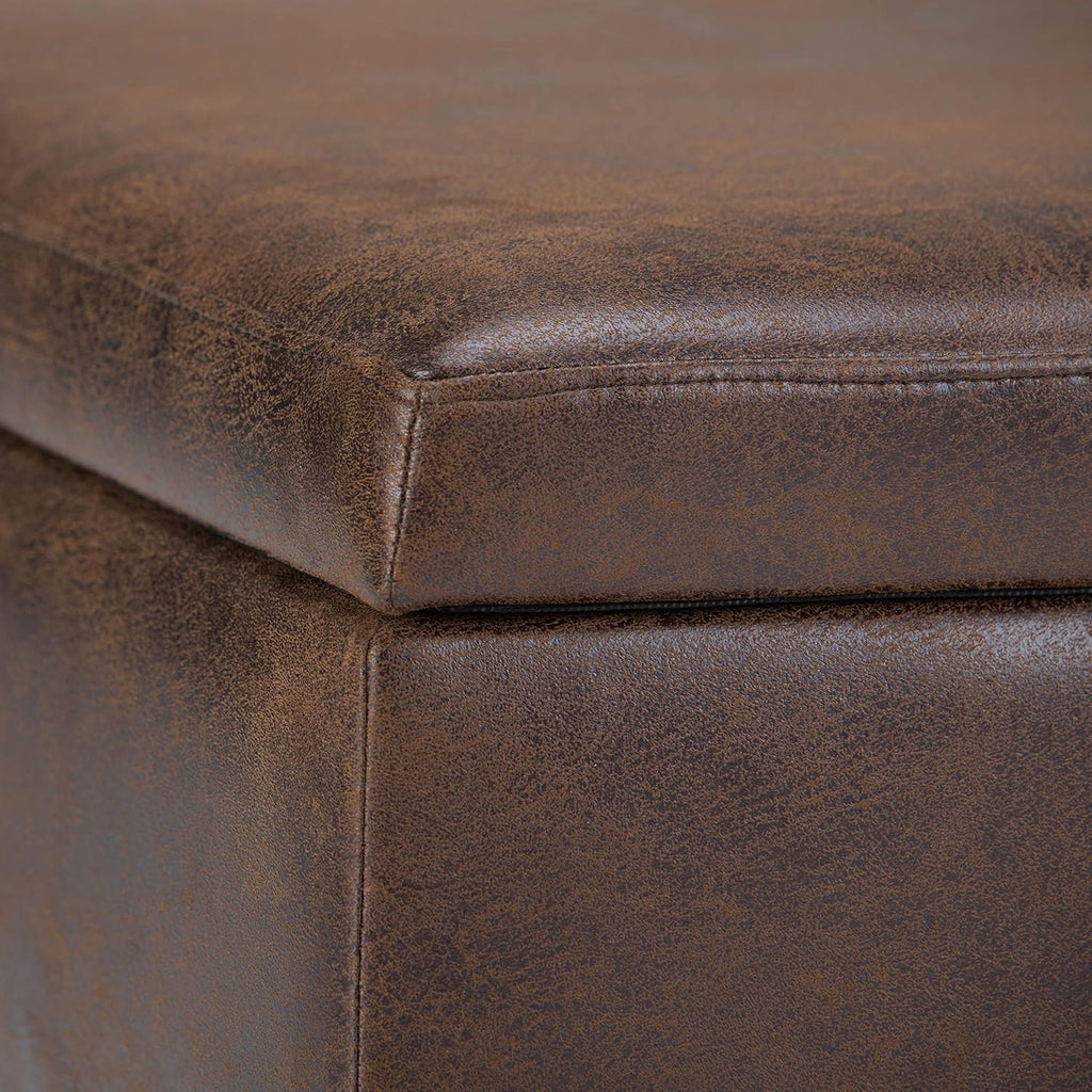SIMPLIHOME Owen Coffee Table Storage Ottoman - 34" Wide x 19" High Upholstered Vegan Leather Rectangular Lift-Top Ottoman in Distressed Chestnut Brown, Mid-Century Modern Bench with Tapered Legs