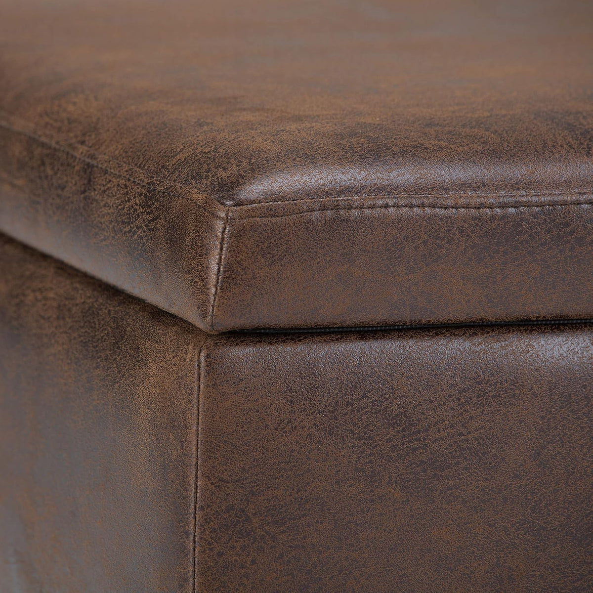 SIMPLIHOME Owen Coffee Table Storage Ottoman - 34" Wide x 19" High Upholstered Vegan Leather Rectangular Lift-Top Ottoman in Distressed Chestnut Brown, Mid-Century Modern Bench with Tapered Legs