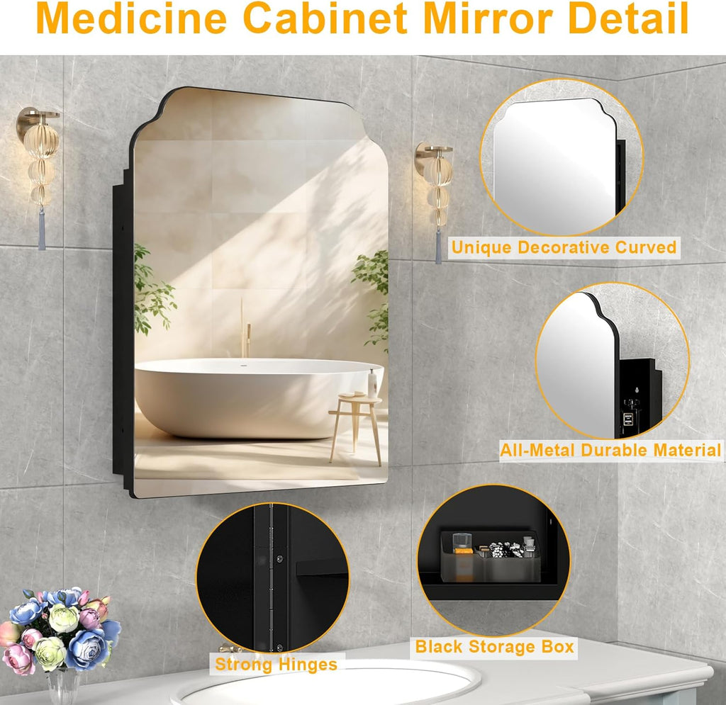 20"x26" Black Irregular Recessed Medicine Cabinet Mirror, Frameless Victorian Bathroom Decorative Mirror with Storage, Surface Mount Medicine Cabinets for Bathroom, Full Metal, 2 Removable Shelves