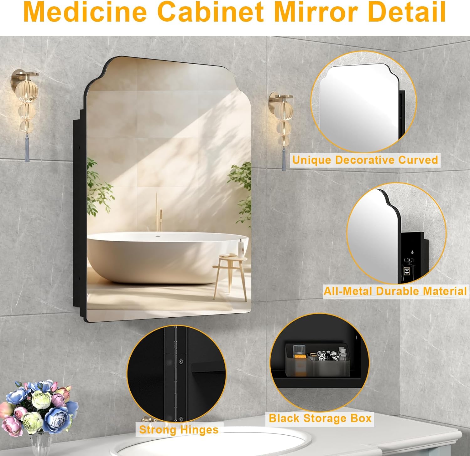 20"x26" Black Irregular Recessed Medicine Cabinet Mirror, Frameless Victorian Bathroom Decorative Mirror with Storage, Surface Mount Medicine Cabinets for Bathroom, Full Metal, 2 Removable Shelves