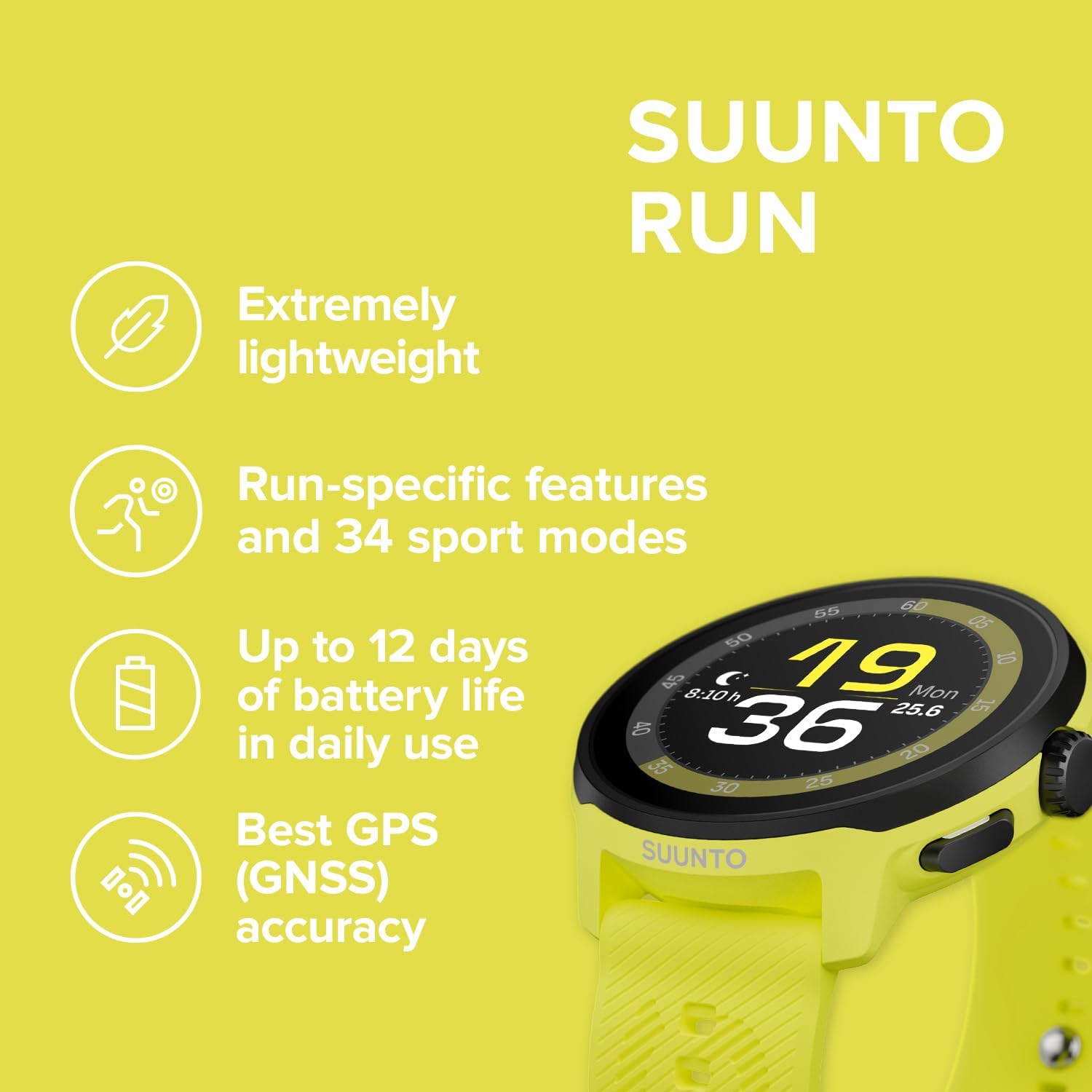 SUUNTO Run Running GPS Sports Watch with Silicone Strap, 1.32" AMOLED Touchscreen w/Crown Button, Wrist Heart-Rate & Sleep Health Tracking, Lime