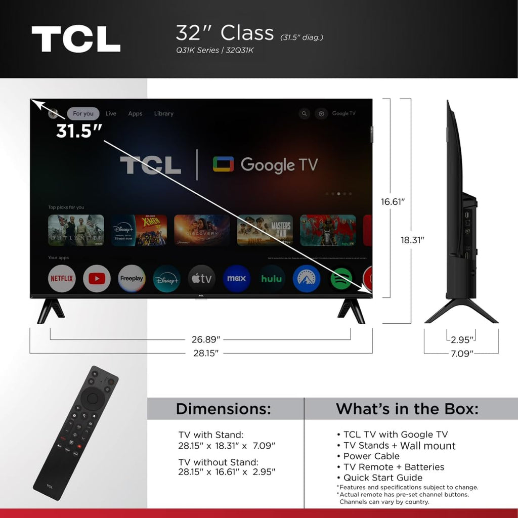 TCL - 32" Class Q3K Series 1080P Full HD QLED, HDR 10, HVA Panel, Motion Rate 120, 60Hz, Bluetooth, FullView + Free Wall Mount (2025) (Renewed)