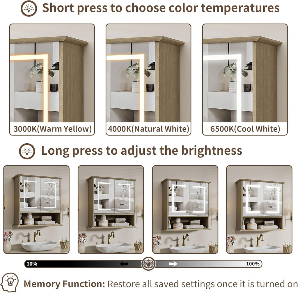 Bathroom Medicine Cabinet with Mirror, Lighted Storage Cabinet Wall Mounted with Doors & Adjustable Wood Shelf, Modern Bathroom Mirror with LED Lights Defogger for Makeup Laundry/Living Room, Oak