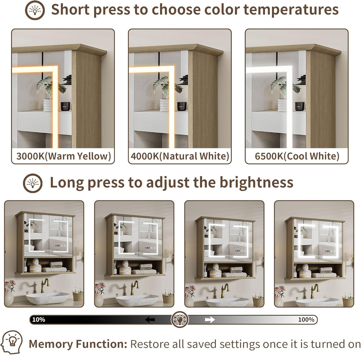 Bathroom Medicine Cabinet with Mirror, Lighted Storage Cabinet Wall Mounted with Doors & Adjustable Wood Shelf, Modern Bathroom Mirror with LED Lights Defogger for Makeup Laundry/Living Room, Oak