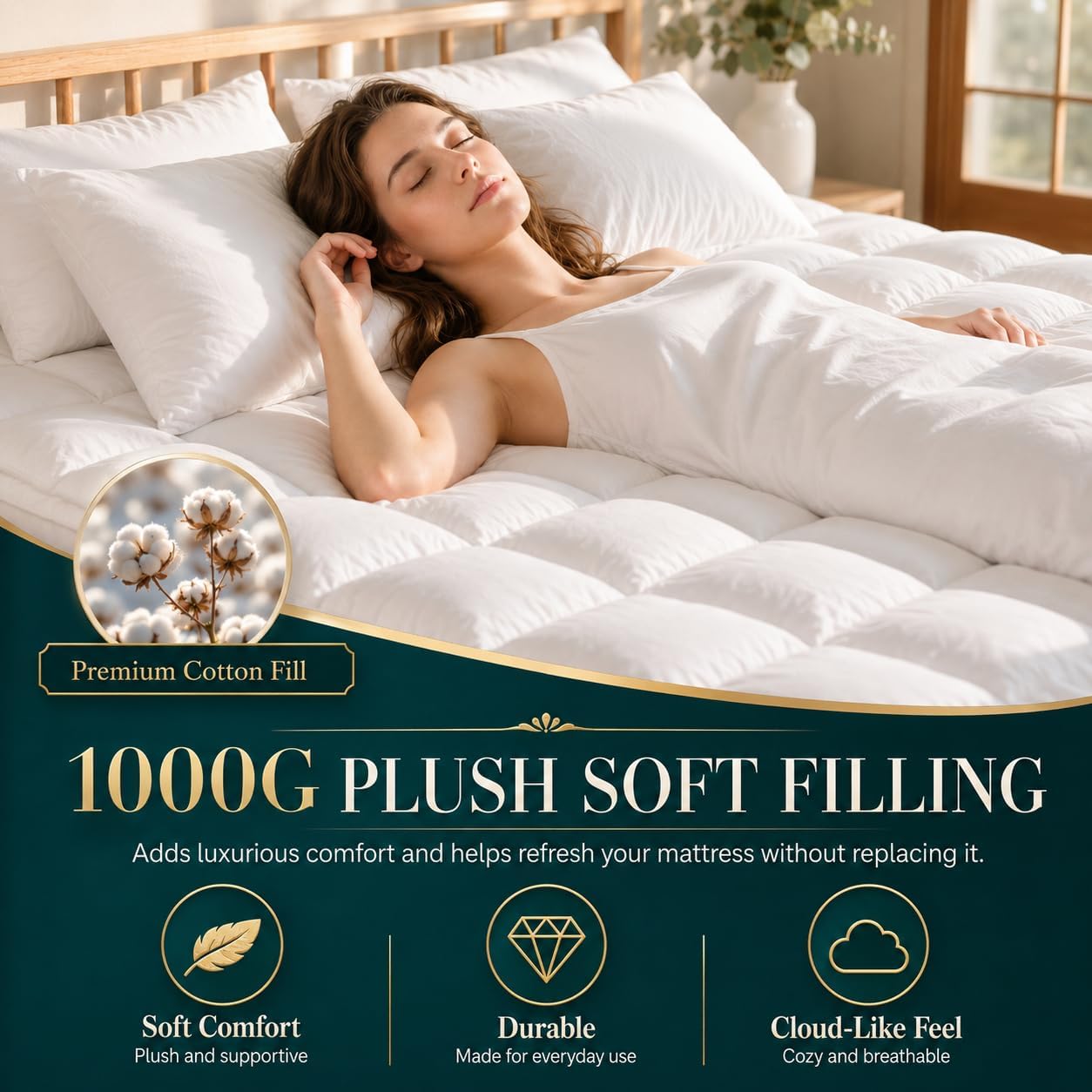 Premium Quilted 1000GSM Luxury Extra Thick Mattress Topper - Breathable & Fluffy Soft, with 8-21 inch Deep Pocket, Plush Pillow Top Mattress Topper Overfilled (White, Queen)