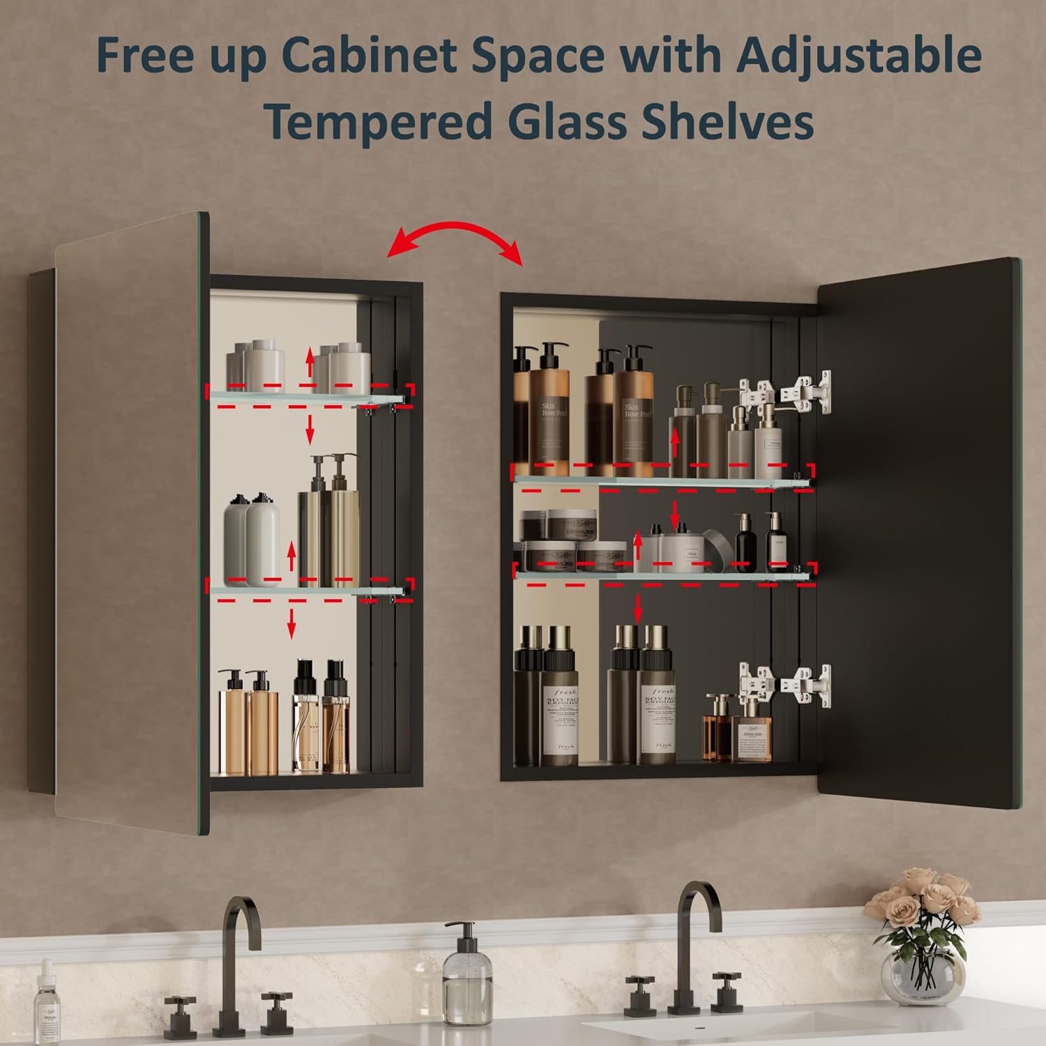 14”x24” Wall Mounted Medicine Cabinet with Mirror, 13.1” x 21.1” Recessed Bathroom Cabinets for Storage, Adjustable Tempered Glass Shelves, Soft-close DTC Hinges, HD Reflection, Pre-assembled, Black