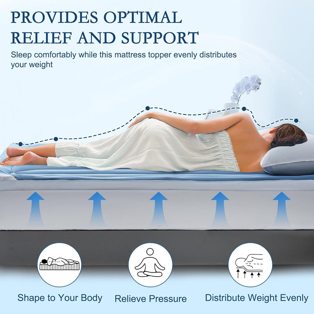 YOUR MOON Queen Size Cooling Mattress Topper, Cool Mattress Pad for Hot Sleepers, Quilted Bed Topper for 8''-16'' Deep Pocket, Soft Thick Pillow Top Pad Cover for Back Pain Relief, 1000GSM (Blue)