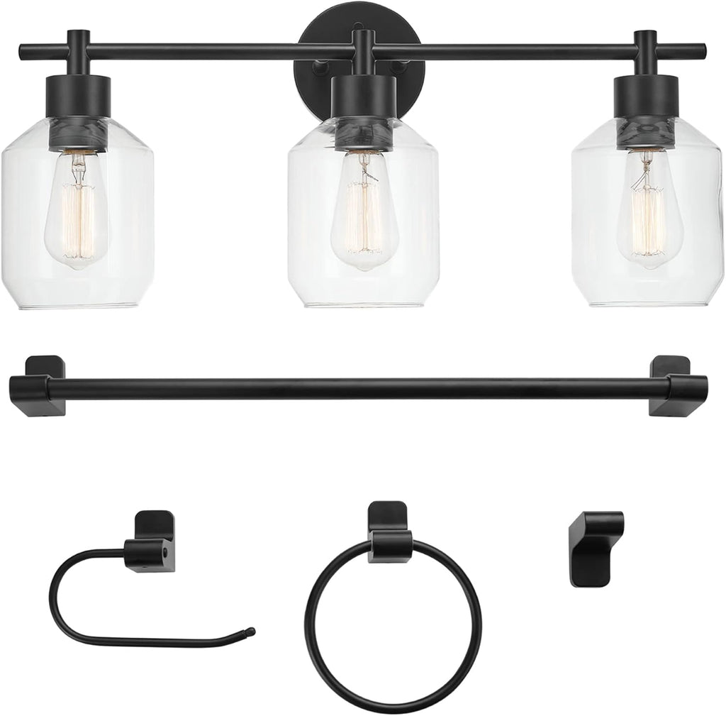 Globe Electric 65556 All-in-One 5-Piece Bathroom Set, Matte Black Finish, 3-Light Vanity with Clear Glass Shades, Towel Ring, Toilet Paper Holder, Robe Hook, and Towel Bar, Modern Bathroom Lighting