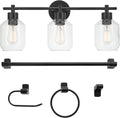 Globe Electric 65556 All-in-One 5-Piece Bathroom Set, Matte Black Finish, 3-Light Vanity with Clear Glass Shades, Towel Ring, Toilet Paper Holder, Robe Hook, and Towel Bar, Modern Bathroom Lighting