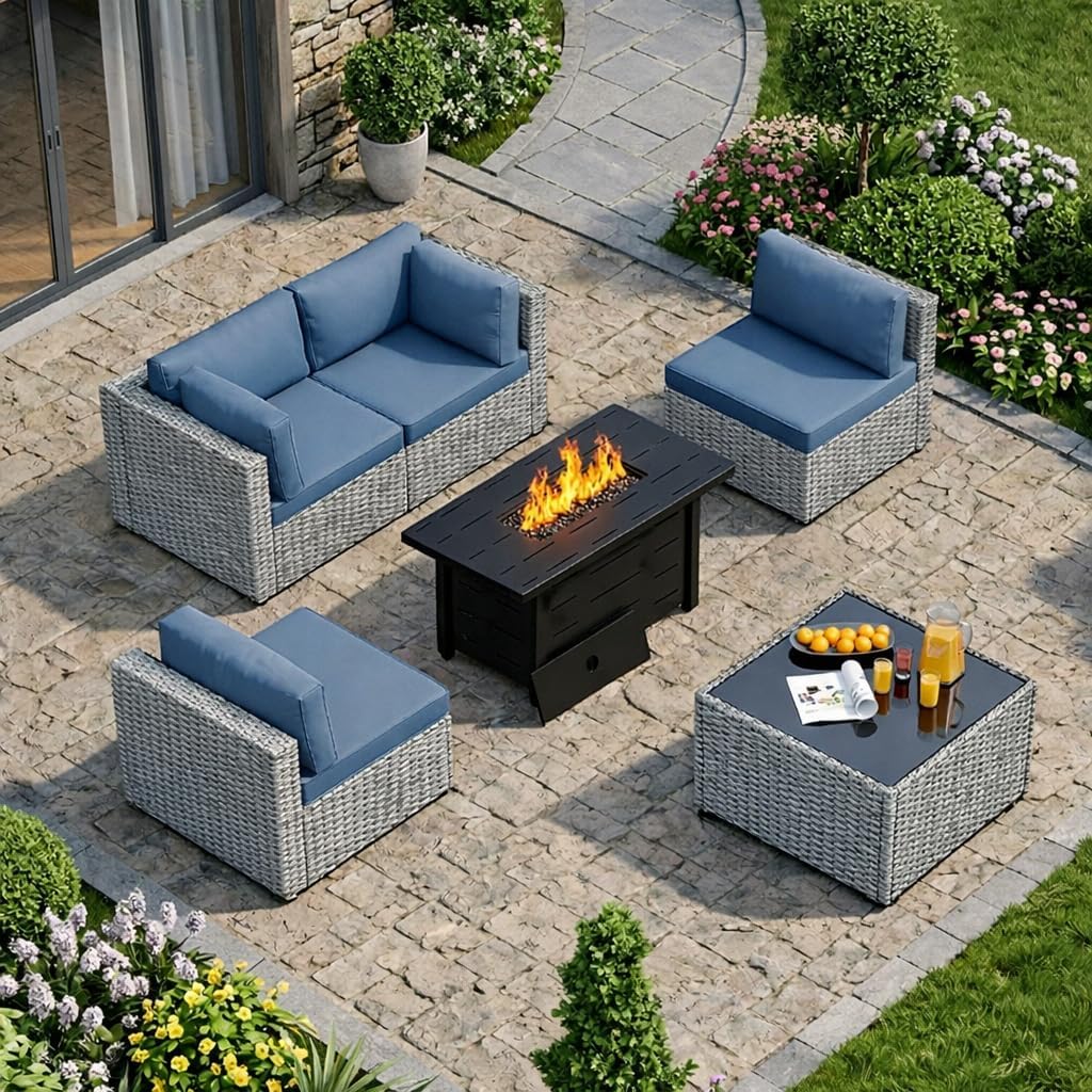 SUNLEI 5 Piece Outdoor Patio Furniture Set with Fire Pit Table, Silver PE Rattan Wicker Conversation Sofa Set with Blue Cushions, All Weather Sectional Patio Couch for Backyard, Deck, Garden, Porch