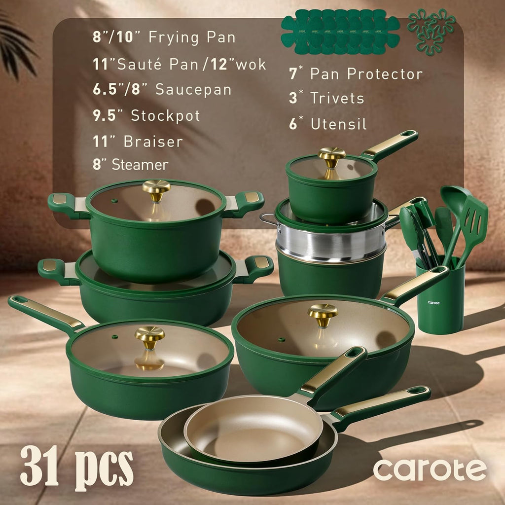 CAROTE Pots and Pans Set Non stick, Cookware Set, 31pcs NonStick Kitchen Set Induction Cookware Non-toxic Cooking Set, Green
