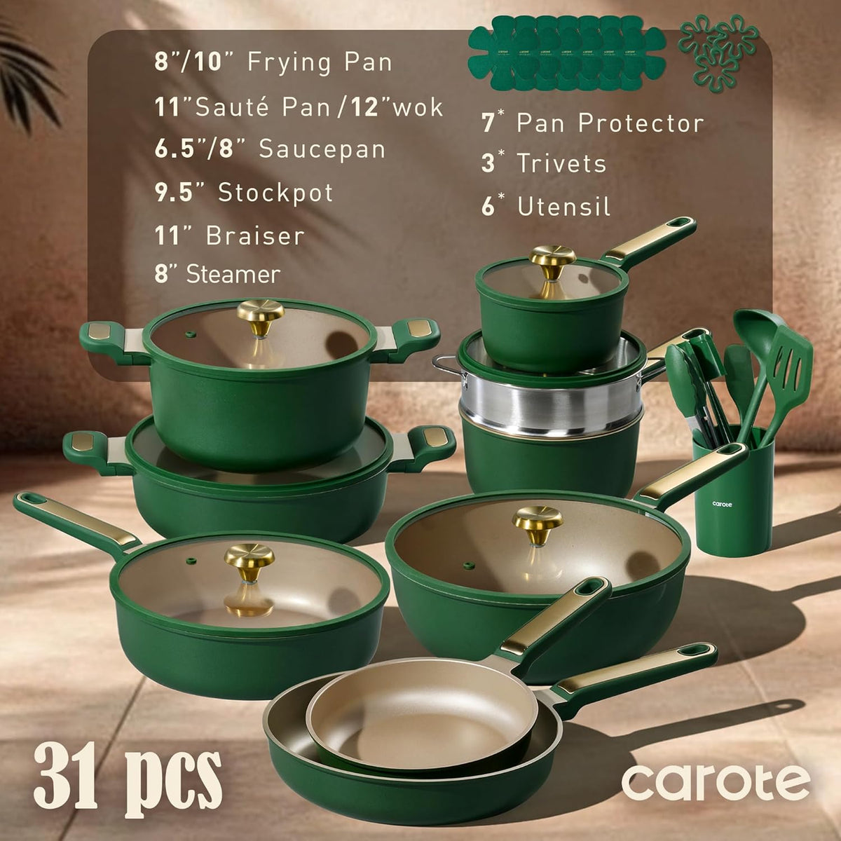 CAROTE Pots and Pans Set Non stick, Cookware Set, 31pcs NonStick Kitchen Set Induction Cookware Non-toxic Cooking Set, Green