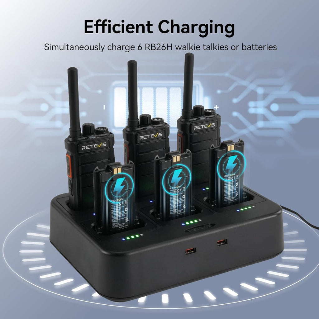 Retevis RB26H Walkie Talkies Long Range with Earpiece,2 Way Radio with 6 Way Charger,Hidden Display,21-Hours,NOAA,GMRS Repeater Capable,Professional Walkie-Talkie for Adults Security Warehouse(6 Pack)