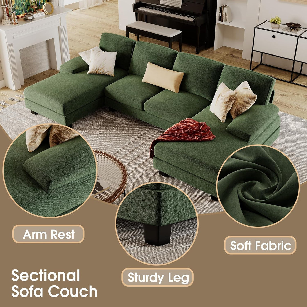 Furmax Sectional Couches for Living Room, U-Shaped Sofa Couch with Linen Fabric, 4 Seat Sofa Set with Double Chaise for Apartment (Chenille, Green)