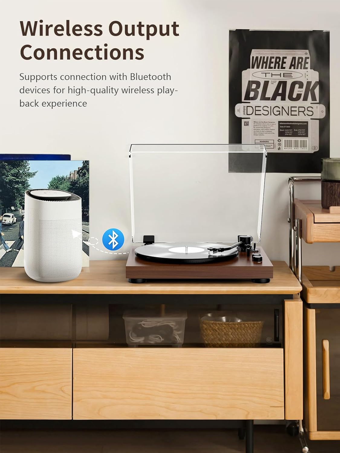 Vinyl Record Player Belt Drive 2-Speed Playback Turntable Bluetooth Wireless Output Connectivity Record Player with Magnetic Cartridge Built-in Phono Pre-amp