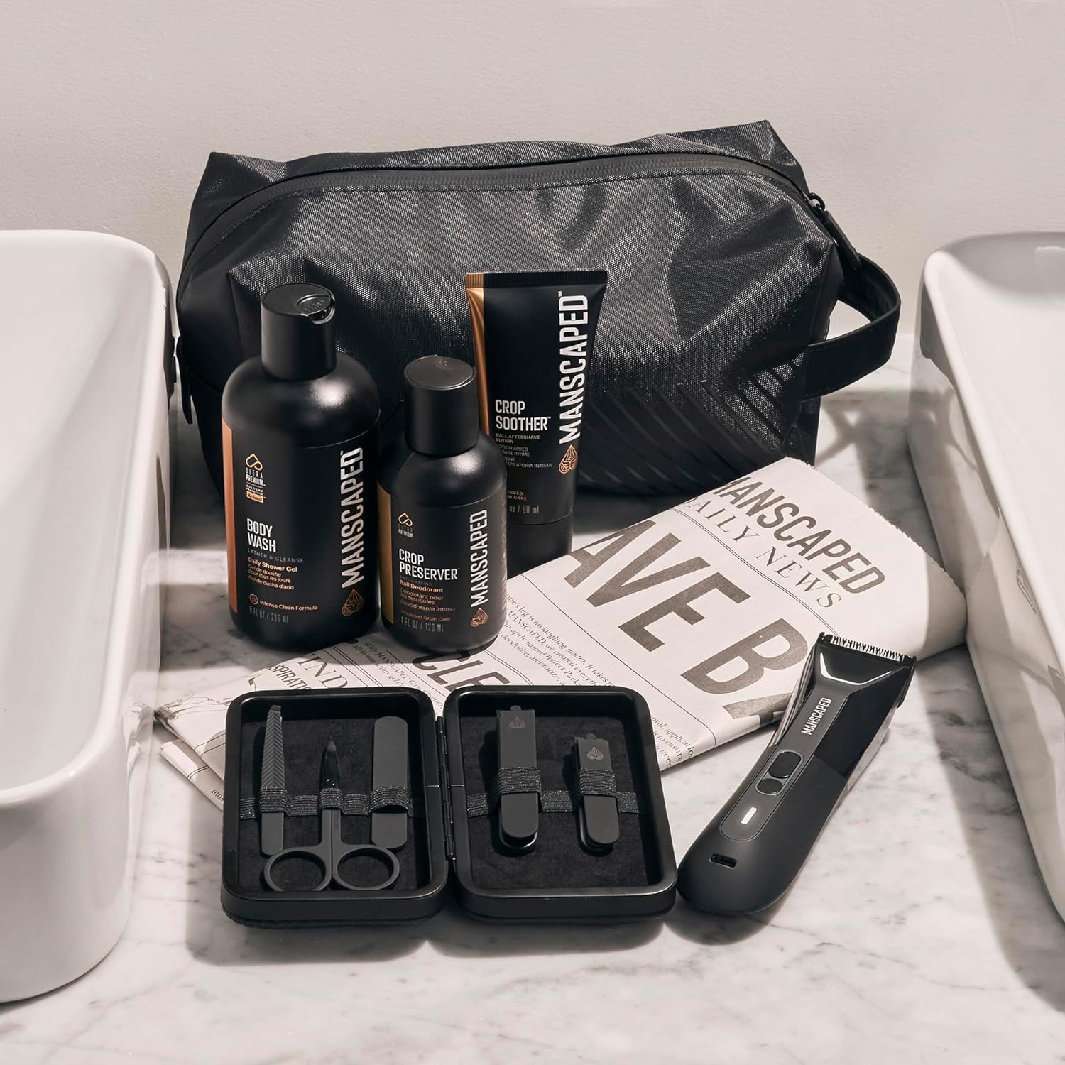 MANSCAPED® The Premier Package 5.0 Ultra, with The Lawn Mower® 5.0 Ultra Men's Groin & Body Hair Trimmer, Shears 3.0, Crop Preserver® Ball Deodorant, Refined® Body Wash, Crop Soother™, Shed 2.0
