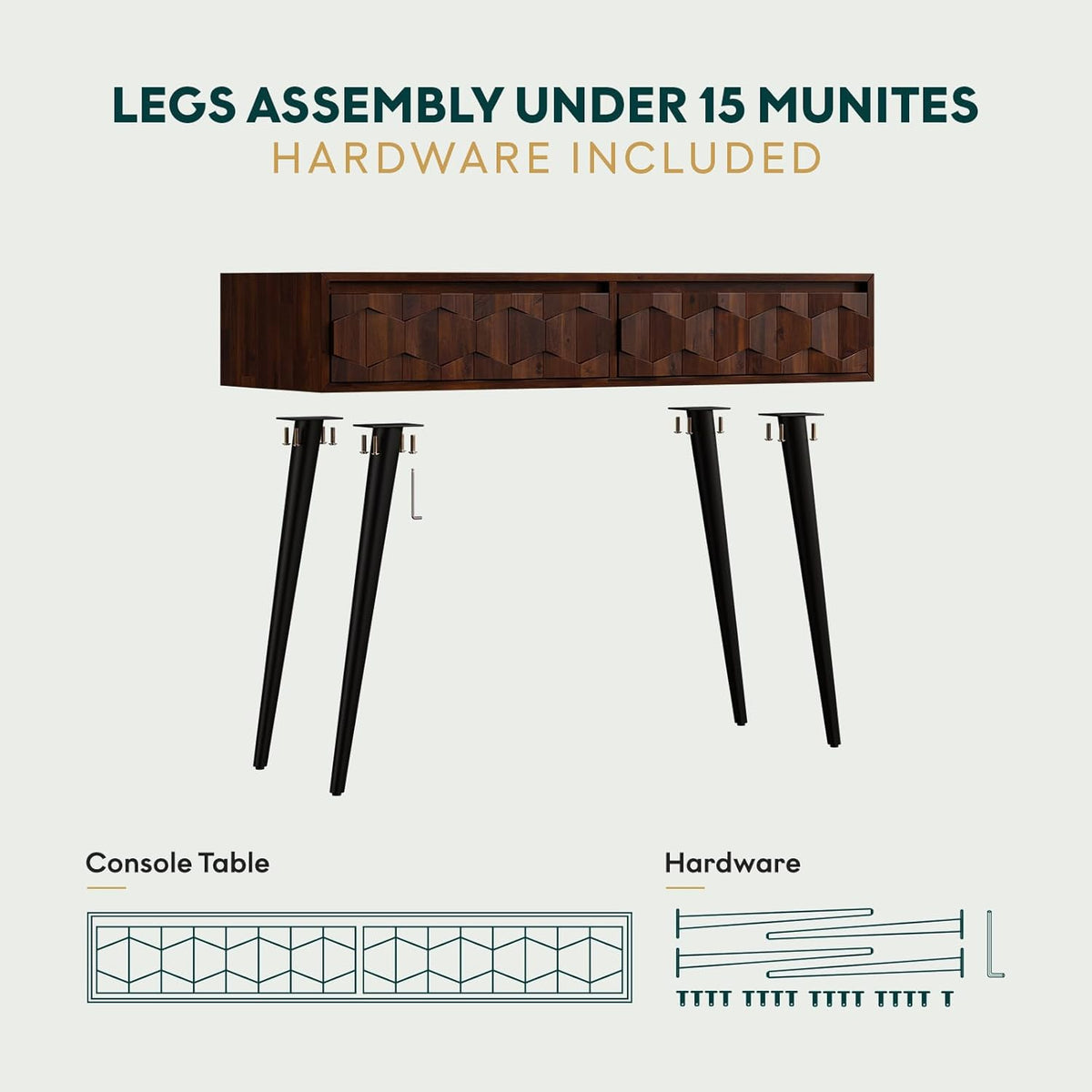 Bme Console Modern Mid-Century 2 Drawers, Unique Geometric Design Sofa Table for Entryway, Hallway, Living Room, Walnut