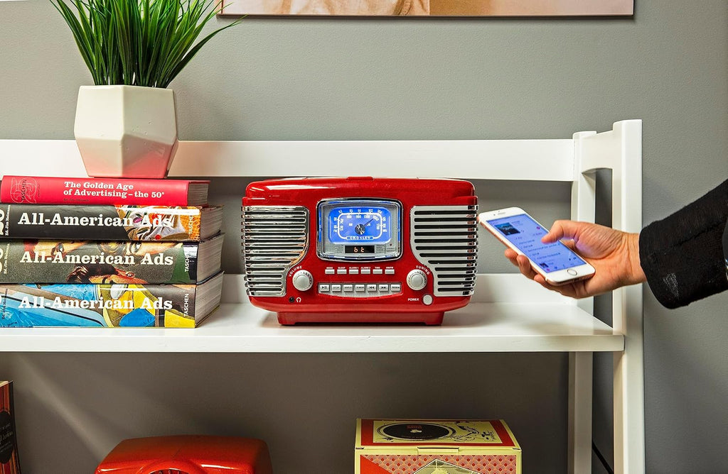 Crosley CR612B-RE Corsair Retro AM/FM Alarm Clock Radio and CD Player with Stereo Bluetooth Speakers, Red