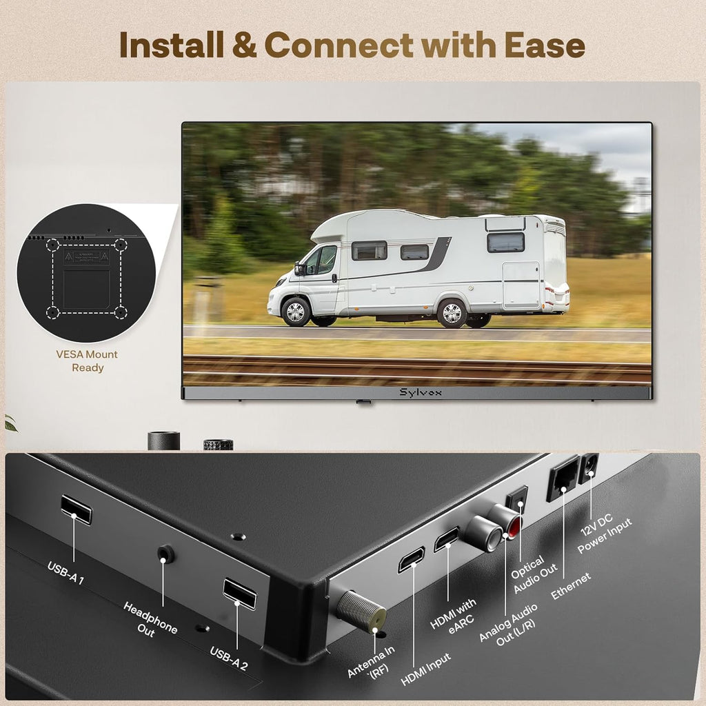 SYLVOX RV TV, 12V QLED TV with DVD Player Built-in, 24 Inch Smart Television for Camper, 12 Volt DC Power Low Energy Consumption, HD 1080P, Bezel Less Design