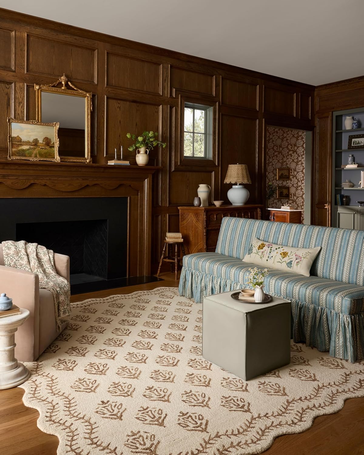 Loloi Rifle Paper Co. Lisette Collection LST-01 Ivory/Natural 7'-9" x 9'-9" Area Rug Wool, Natural, Scallop, Wavy, Floral, Textured, Living Room, Bedroom, Dining, Carpet