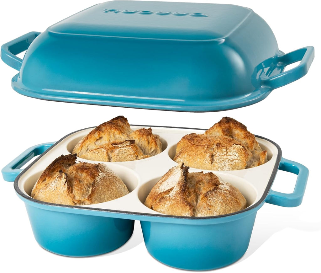 QuadPro Enamelled Cast Iron Bread Loaf Pot – Dutch Oven for Sourdough Bread Baking – 500°F Oven Safe Non Stick Bread Pot – 4 Round Loaf Spaces (4.90-inch Diameter), Light Blue – by Nuovva