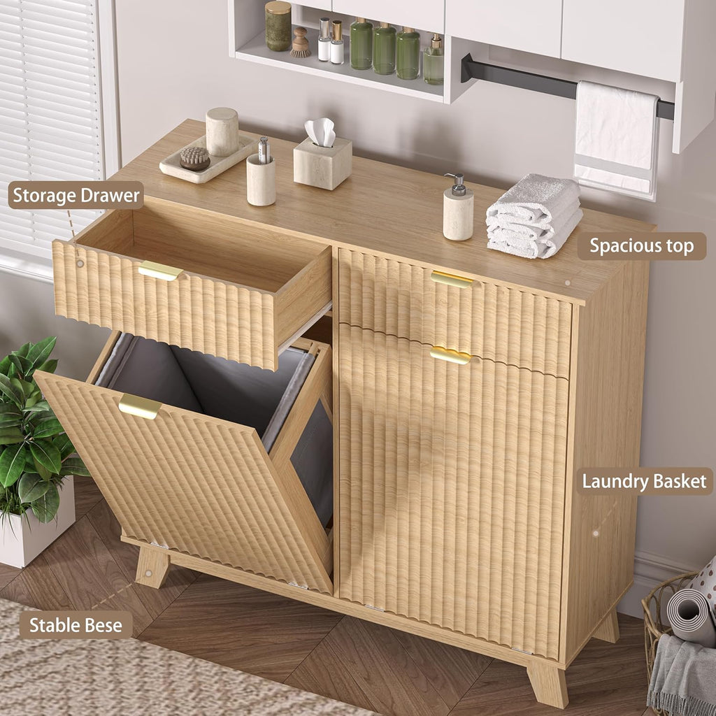 Wodeer Double Tilt Out Laundry Hamper Cabinet with 2 Drawers & Baskets, 20 Gallon Fluted Hidden Trash Can Cabinet, Farmhouse Wood Laundry Storage Cabinets for Bathroom, Kitchen, Natural