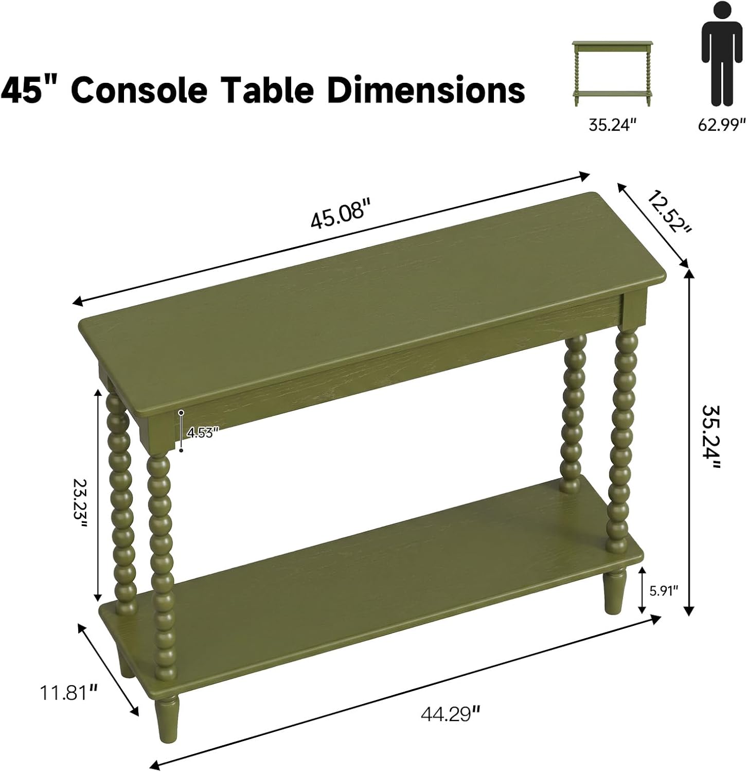 45'' Vintage Console Table, 100% Solid Wood Tall Entryway Table with 2-Tier Storage for Entrance, Hallway, Foyer, Living Room, Narrow Couch Table Behind Sofa, Minimal Assembly, Green