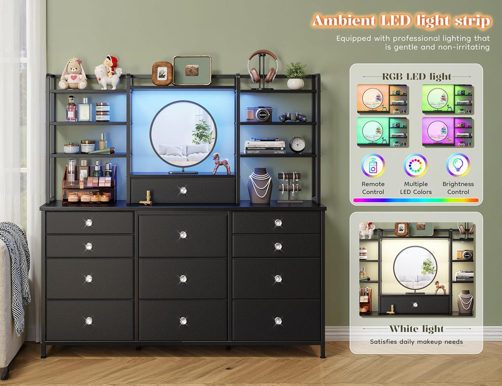 Romorgniz Black Dresser for Bedroom with 12 Drawers & LED Lights, Fabric Dressers & Chests of Drawers with Open Shelves, Vanity Dresser Organizer with Metal Frame Wooden Shelf for Entryway Closet