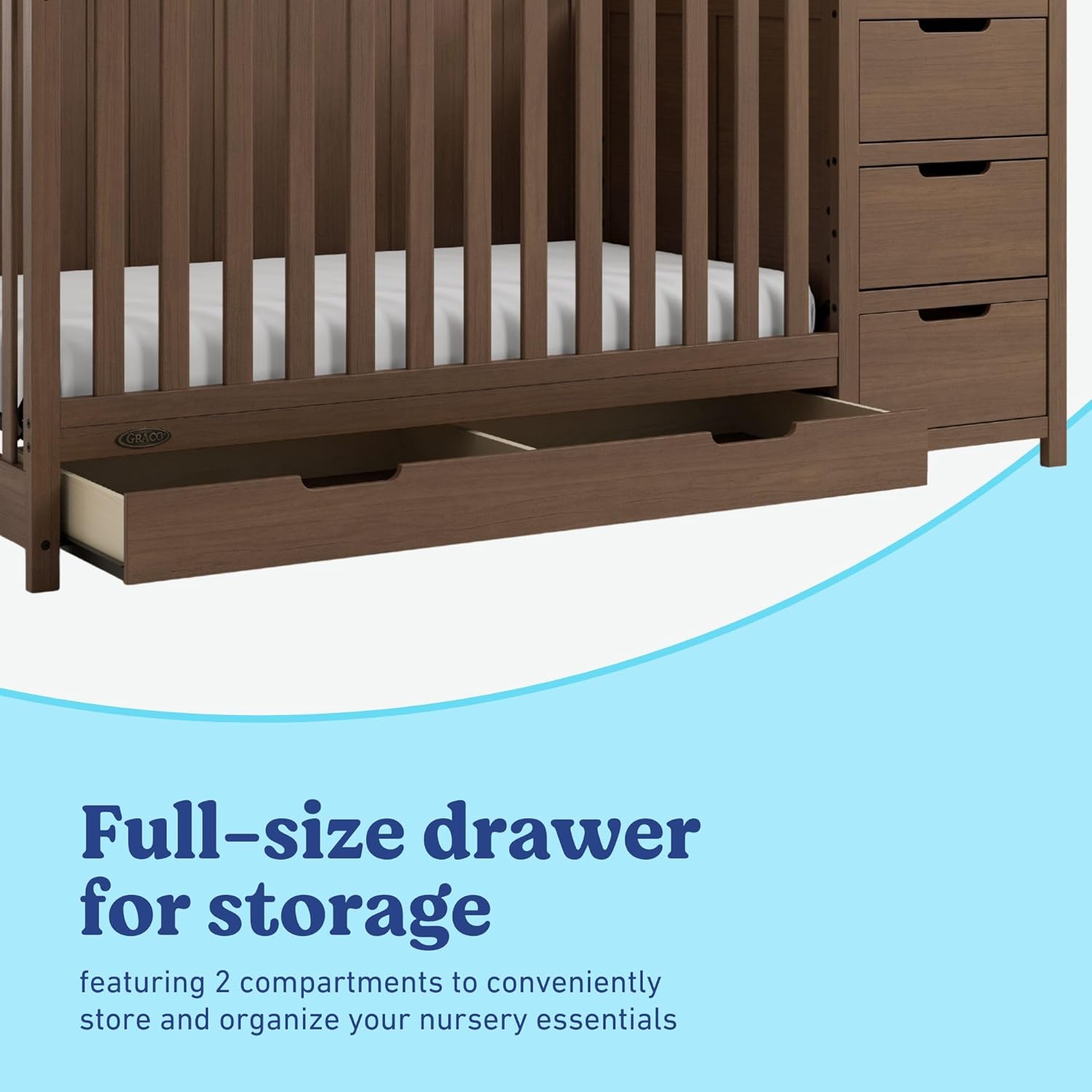 Graco Hadley 5-in-1 Convertible Crib & Changer – GREENGUARD Gold Certified, Fits Standard Crib Mattress, Converts to Toddler Bed and Full Bed, 4 Adjustable Mattress Heights (Hazelnut)