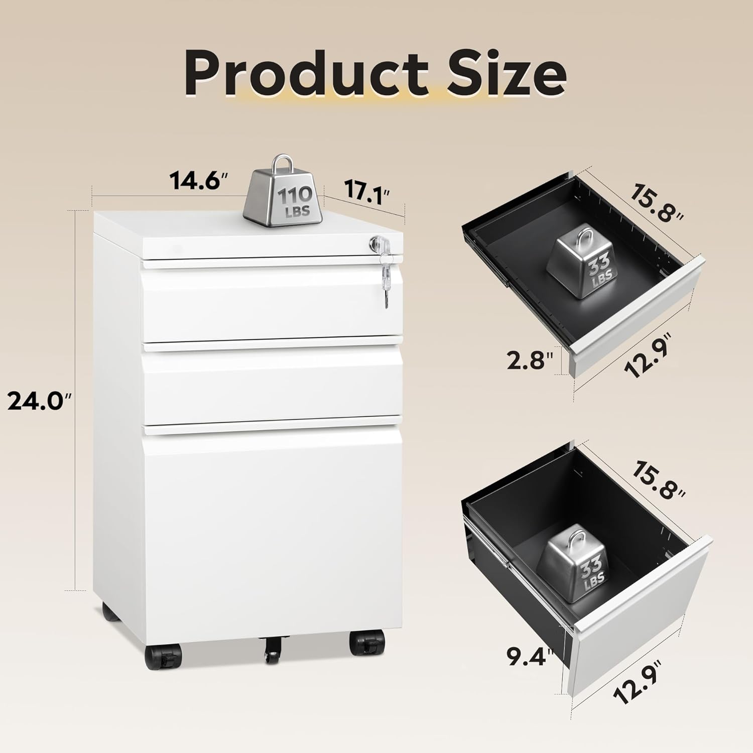 DEVAISE 3-Drawer Mobile File Cabinet (Under Office Desk), Assembled Except Casters, Fits Letter/Standard Sizes, White