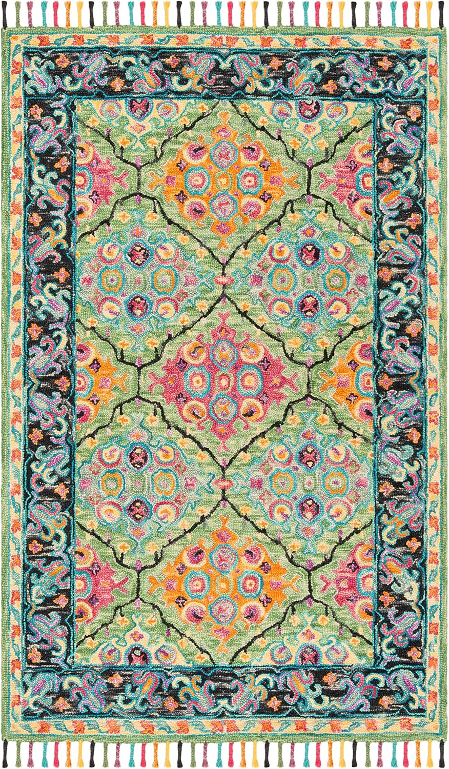 SAFAVIEH Aspen Collection Area Rug - 5' x 8', Light Green & Black, Handmade Boho Braided Tassel Wool, Ideal for High Traffic Areas in Living Room, Bedroom (APN114Y)