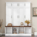 LUMISOL Wide Hall Tree with Storage Bench, Entryway Coat Rack with Open Compartments and 4 Hidden Hanging Hooks, Mudroom Entryway Bench with Shoe Storage, White