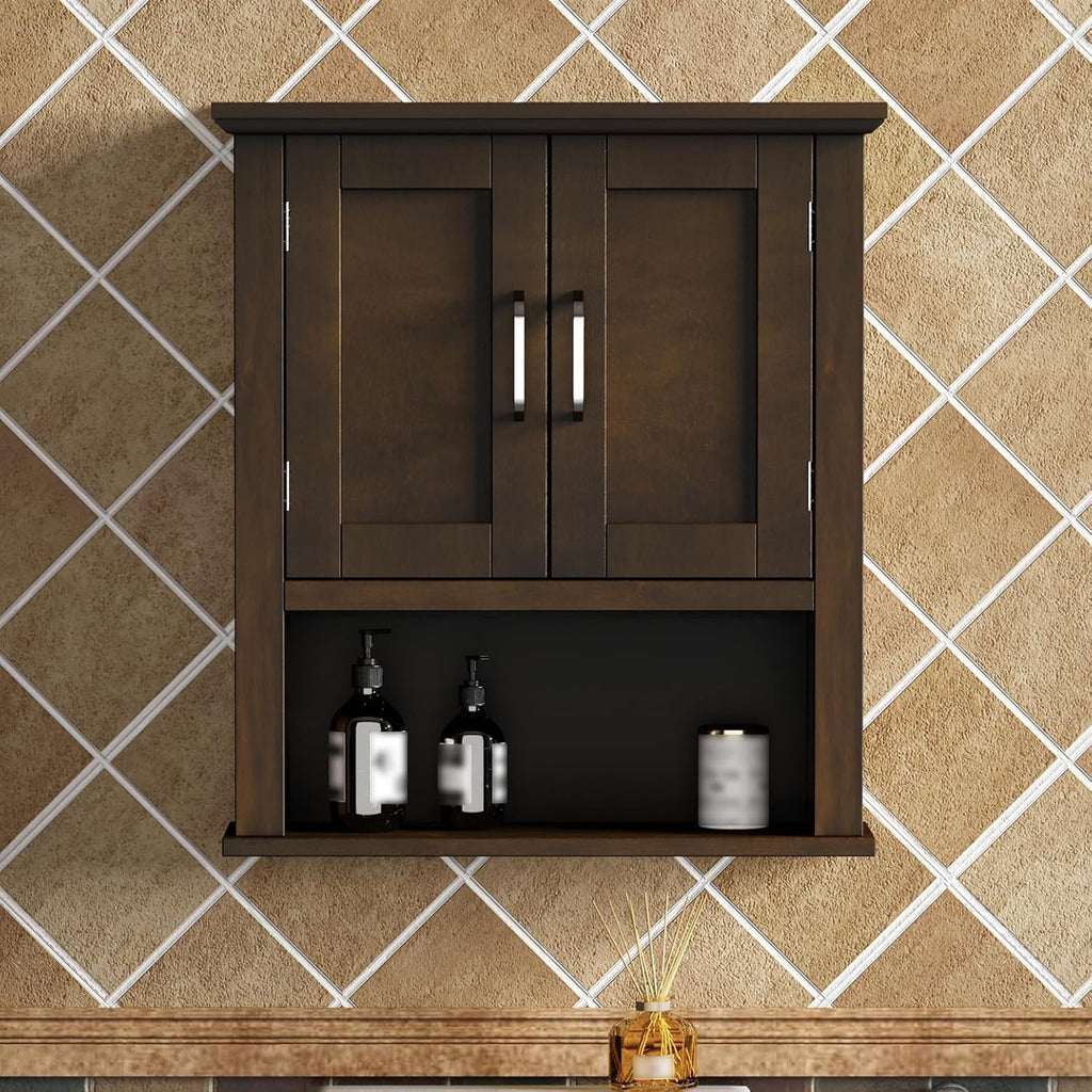 ChooChoo Wood Wall Cabinet with Doors, Medicine Cabinet with Adjustable Shelves Over The Toilet, Rustic Cabinet Wall Mounted for Bathroom, Kitchen, Living Room, Walnut