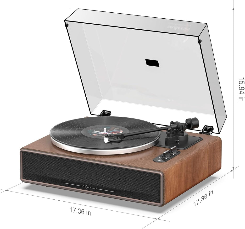 1 BY ONE High Fidelity Belt Drive Turntable with Built-in Speakers, Vinyl Record Player with Magnetic Cartridge, Wireless Playback and Aux-in Functionality, Auto Off