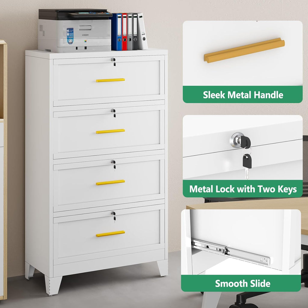 Metal Lateral File Cabinet with Lock,4 Drawer Steel Wide Filing Organization Storage Cabinets,Office Filing Cabinet for Legal/Letter/A4/F4 Size with Hanging Files&Key,Lockable Cabinets for Home Office