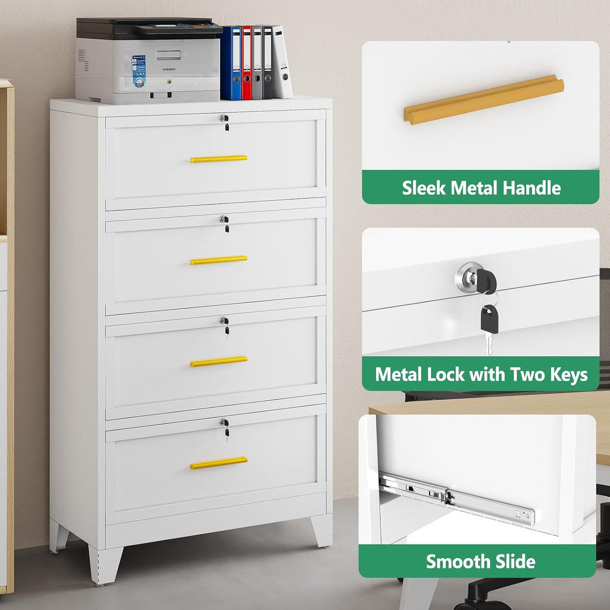 Metal Lateral File Cabinet with Lock,4 Drawer Steel Wide Filing Organization Storage Cabinets,Office Filing Cabinet for Legal/Letter/A4/F4 Size with Hanging Files&Key,Lockable Cabinets for Home Office