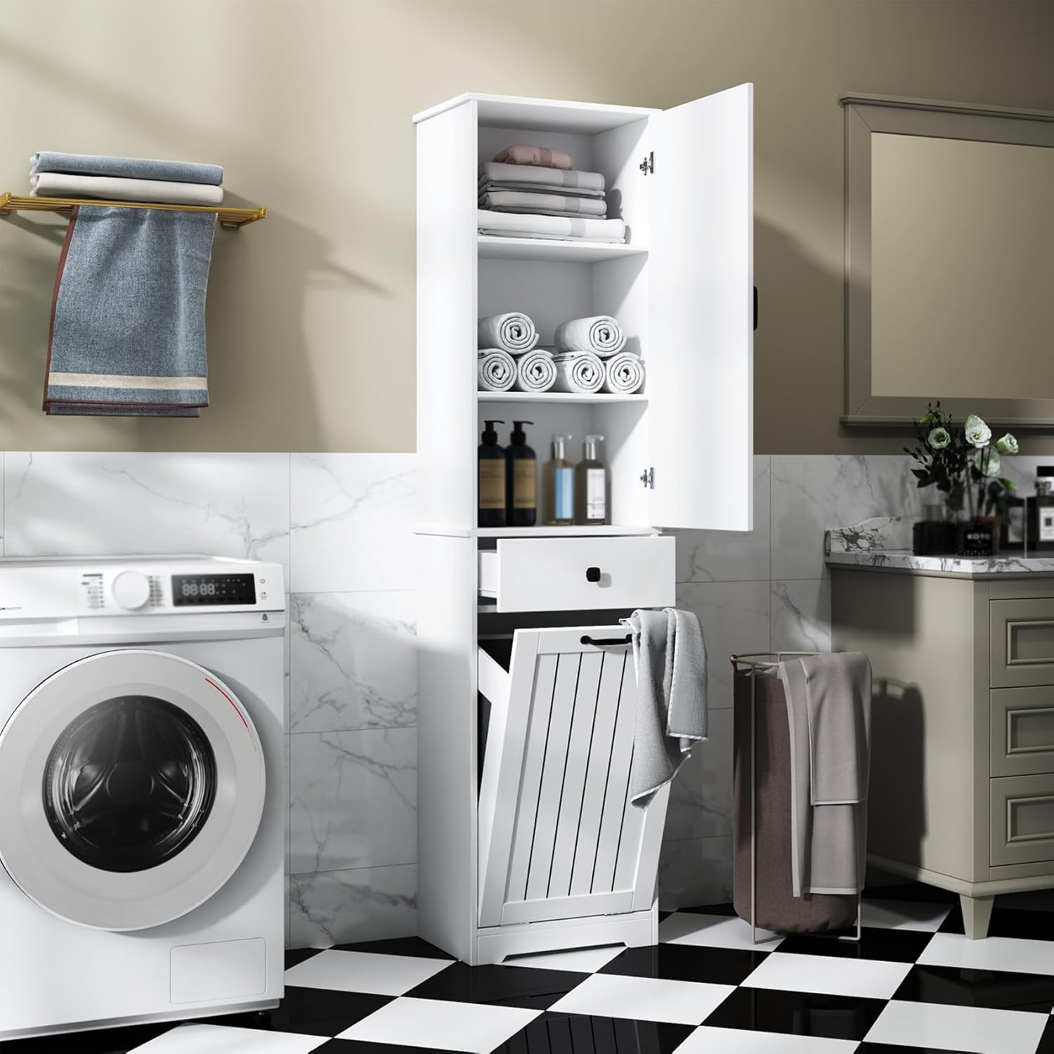 Tall Bathroom Storage Cabinet, Laundry Cabinet with Storage Shelf, Drawer, and Basket, Tilt Out Laundry Hamper, Narrow Storage Unit, for Bathroom, Living Room, Entryway, Kitchen (White)