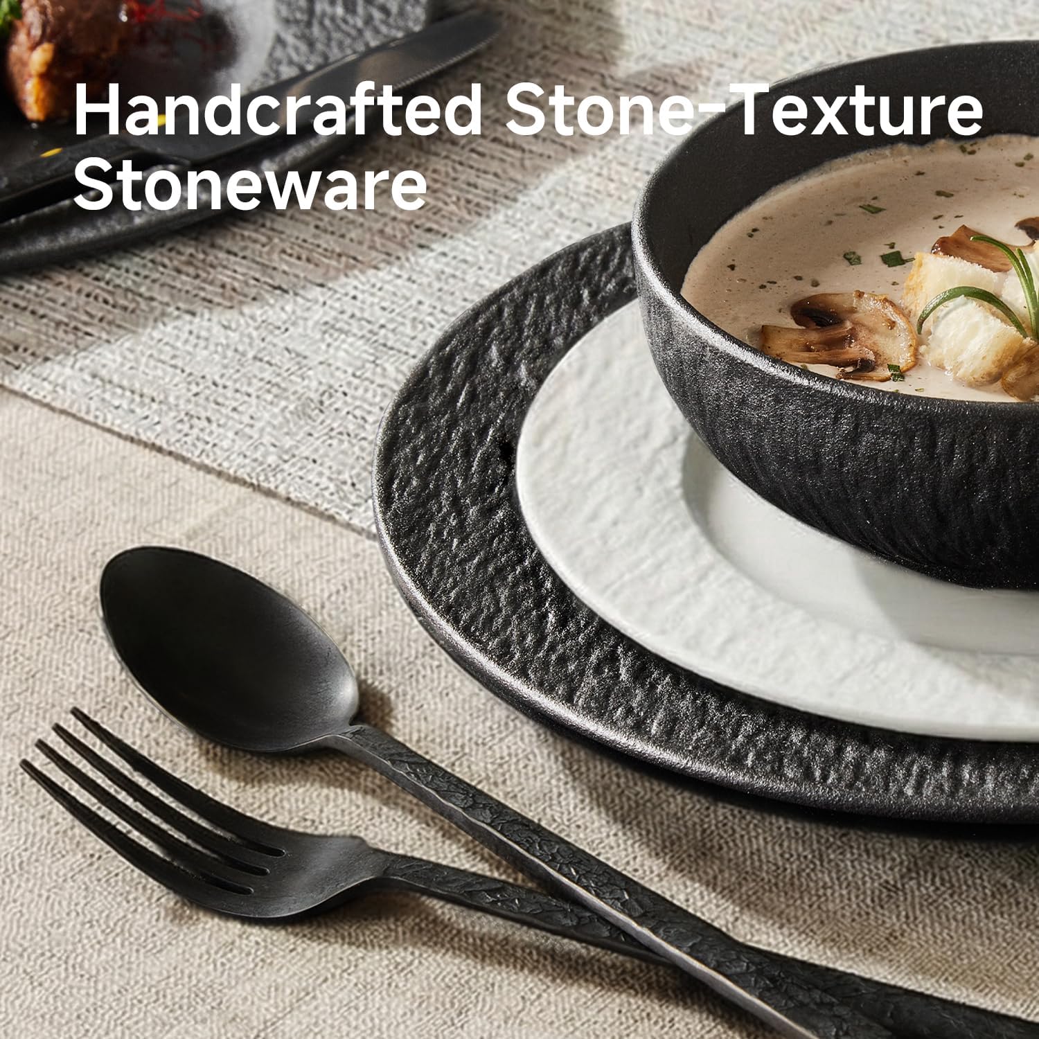 KINGSTONE Dinnerware Sets, 12-Piece Premium Porcelain dishes set, Matte Marble Pattern Plates and Bowls Sets for 4, Place Setting with Dinner Plate, Salad Plate, Pasta Bowl (Black)