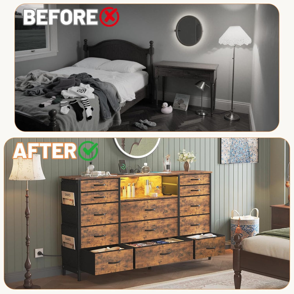 HCHQHS Dresser for Bedroom with 13 Drawers, 47 Inch Fabric Dresser with Remote Control Lights, Side Pockets & Hooks for Closet or Large TV Stand (Rural Brown)