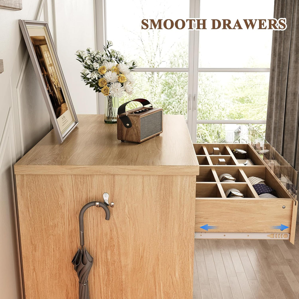 Jocoevol 5 Drawer Dresser for Bedroom with LED Light, Modern Chest of Drawers with Hidden Handles, Large Tall Wooden Dresser Closet for Living Room, Entryway, Hallway - Natural Oak
